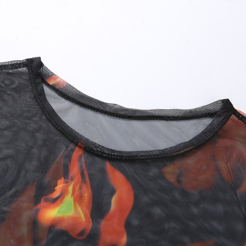 Sexy Rave Mesh Transparent Flaming Fire Printed O-Neck Slim Long Sleeve