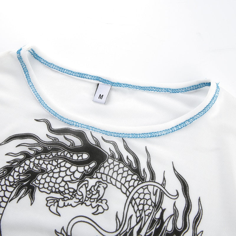 Sexy Mesh Transparent Harajuku Cute Dragon Graphic Short Sleeve Tees