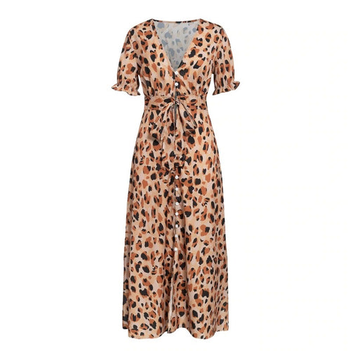Load image into Gallery viewer, Sexy V-neck Leopard Print Short Sleeve High Waist Summer Ruffled Beach Wear Maxi Dress

