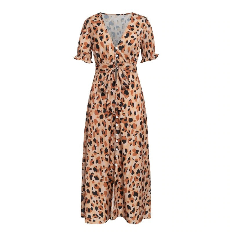 Sexy V-neck Leopard Print Short Sleeve High Waist Summer Ruffled Beach Wear Maxi Dress