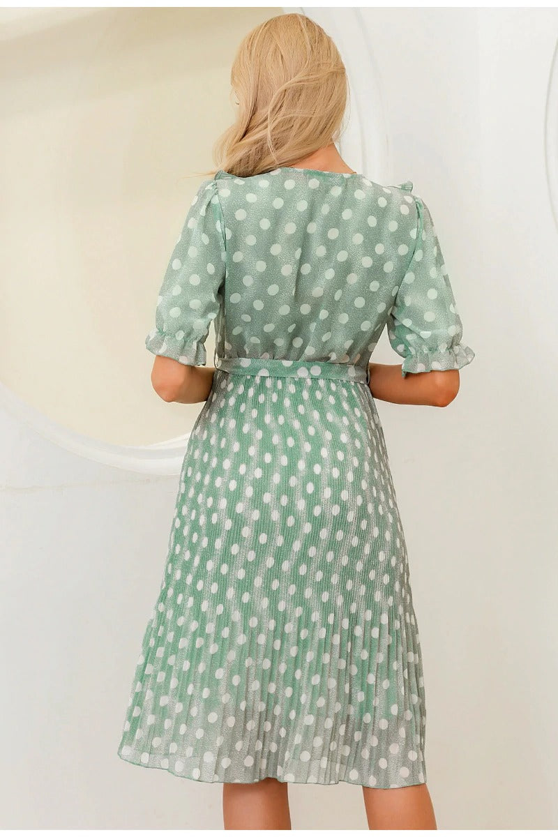 Elegant Dot Print Summer Short Sleeve Ruffle Sash Pearl Buttons A-line Midi Dress