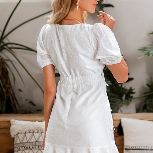 Load image into Gallery viewer, Hollow Out White Puff Sleeve Ruffled V-neck Bodycon Casual Buttons Beach Work Retro Summer Dress
