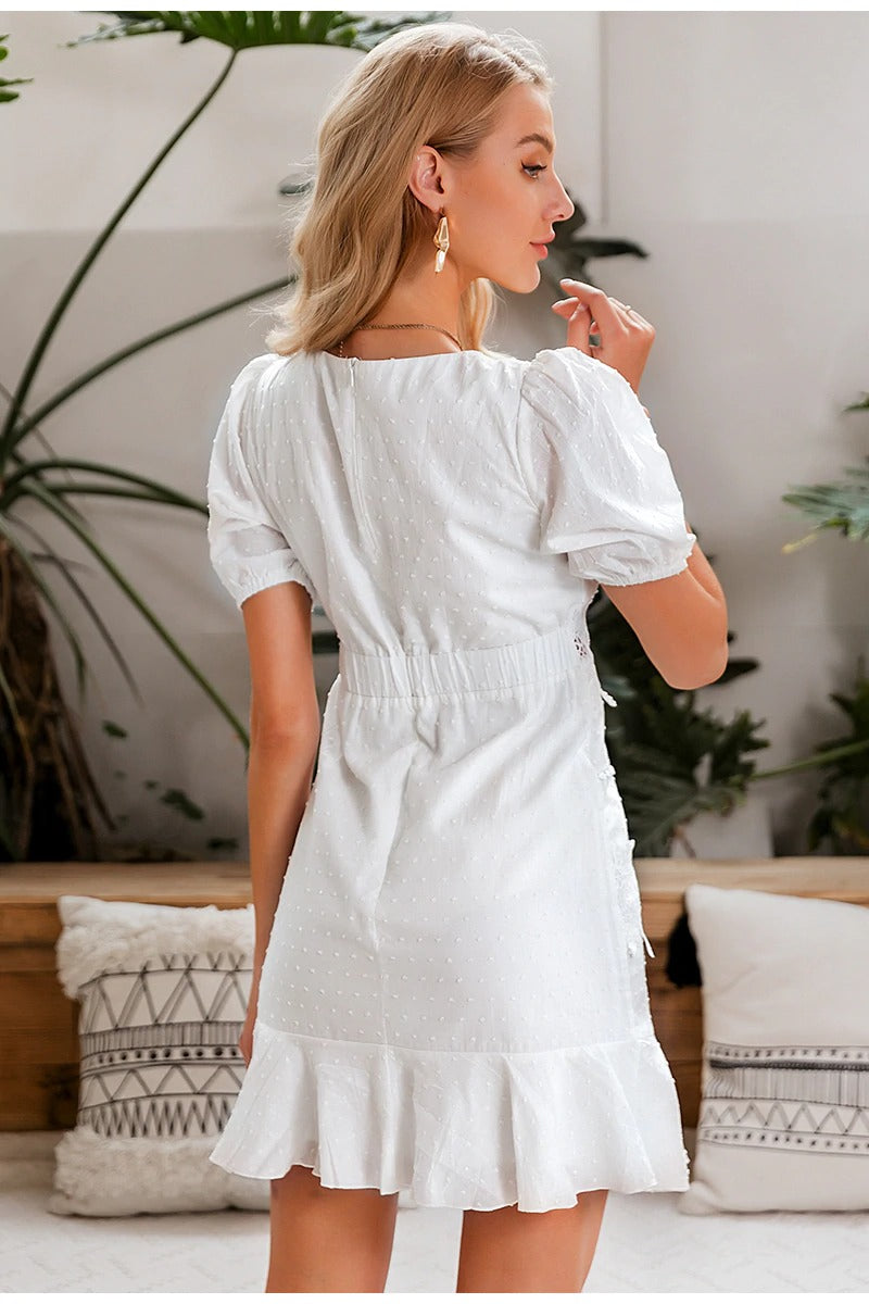Hollow Out White Puff Sleeve Ruffled V-neck Bodycon Casual Buttons Beach Work Retro Summer Dress