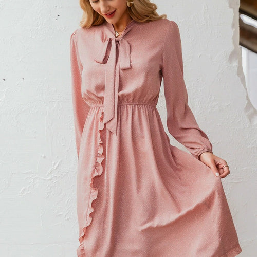 Load image into Gallery viewer, Polka Dot Bow Tie Long Sleeve Ruffles Asymmetrical Holiday Dress
