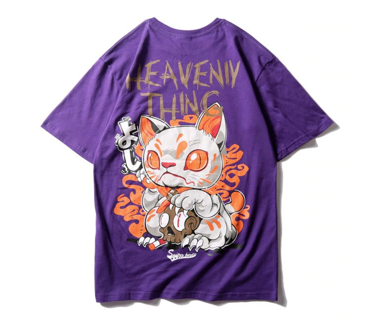 Heavenly Thing Cat Printed Hip Hop Streetwear Loose Tees