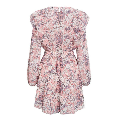 Load image into Gallery viewer, Floral Print Elegant Puff Sleeve A-line Chiffon Sash High Waist Office Pink Dress
