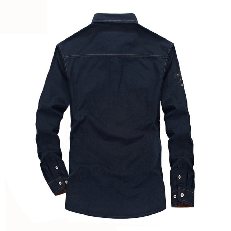 Plus Size Cotton Denim Military Casual Long Sleeve Shirt