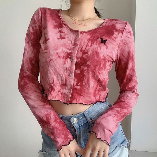 Load image into Gallery viewer, Autumn Tie Dye Print Cropped Shirt Butterfly Embroidery Crop Top Long Sleeve
