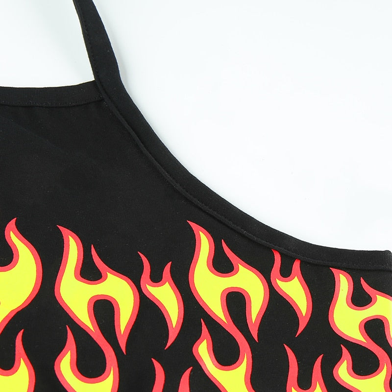 Flaming Fire Printed Cross Bandage Tops Backless Sexy Crop Top Sleeveless
