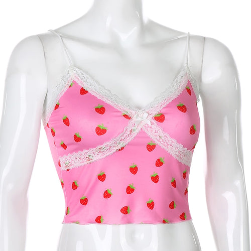 Load image into Gallery viewer, Pink Sweet Style Cute Crop Top Lace Edge Streetwear Strawberry Pattern Sleeveless
