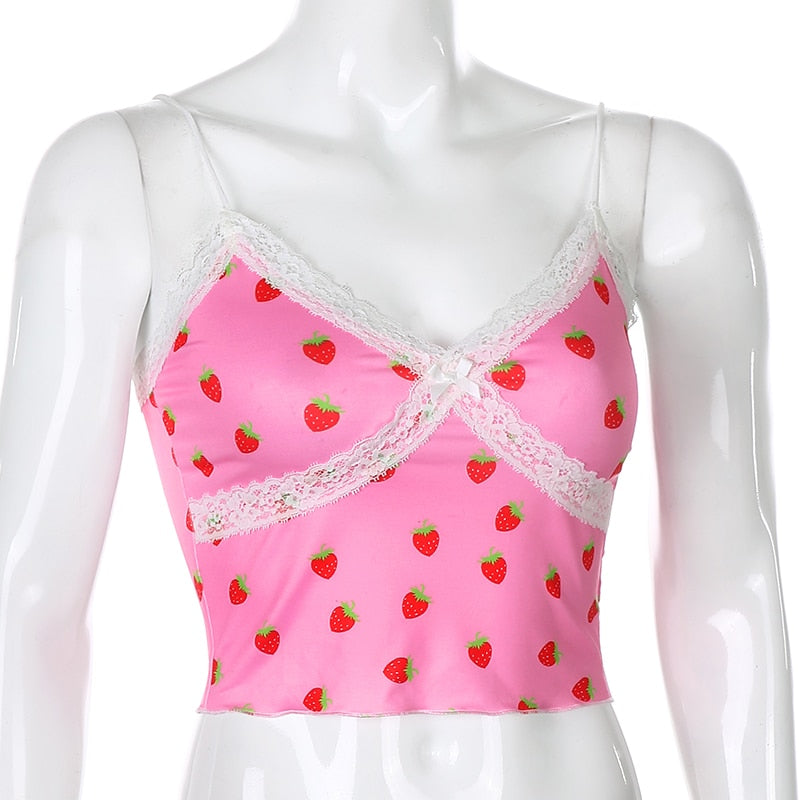 Pink Sweet Style Cute Crop Top Lace Edge Streetwear Strawberry Pattern Sleeveless