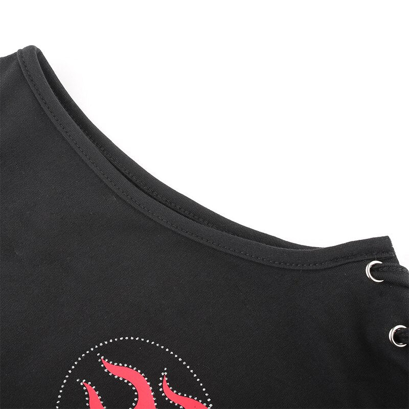 Punk Gothic Strapless Sexy Crop Top Female Party Clubwear Flaming Fire Print Summer Tank Tops Cross Lace Up Streetwear