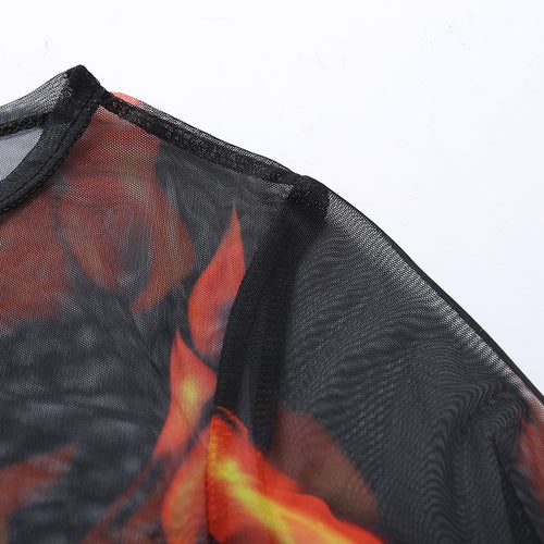 Load image into Gallery viewer, Sexy Rave Mesh Transparent Flaming Fire Printed O-Neck Slim Long Sleeve
