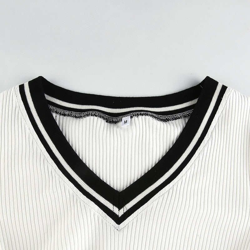 Striped V Neck Casual Basic Crop Tops Korean Fashion Cute Short Sleeve Slim Tees