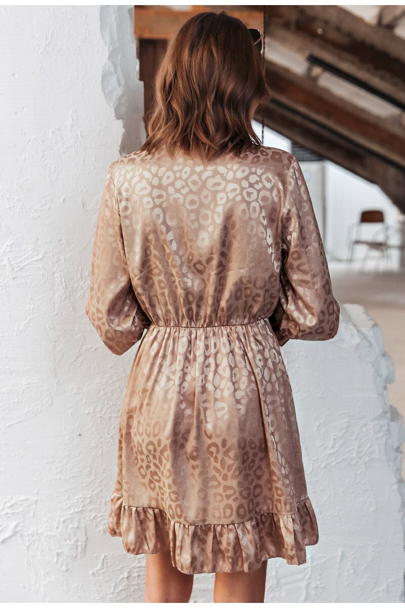 SexyV-neck Leopard Print Elegant Office Work Ruffle Summer Midi Dress
