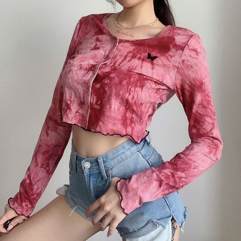 Autumn Tie Dye Print Cropped Shirt Butterfly Embroidery Crop Top Long Sleeve