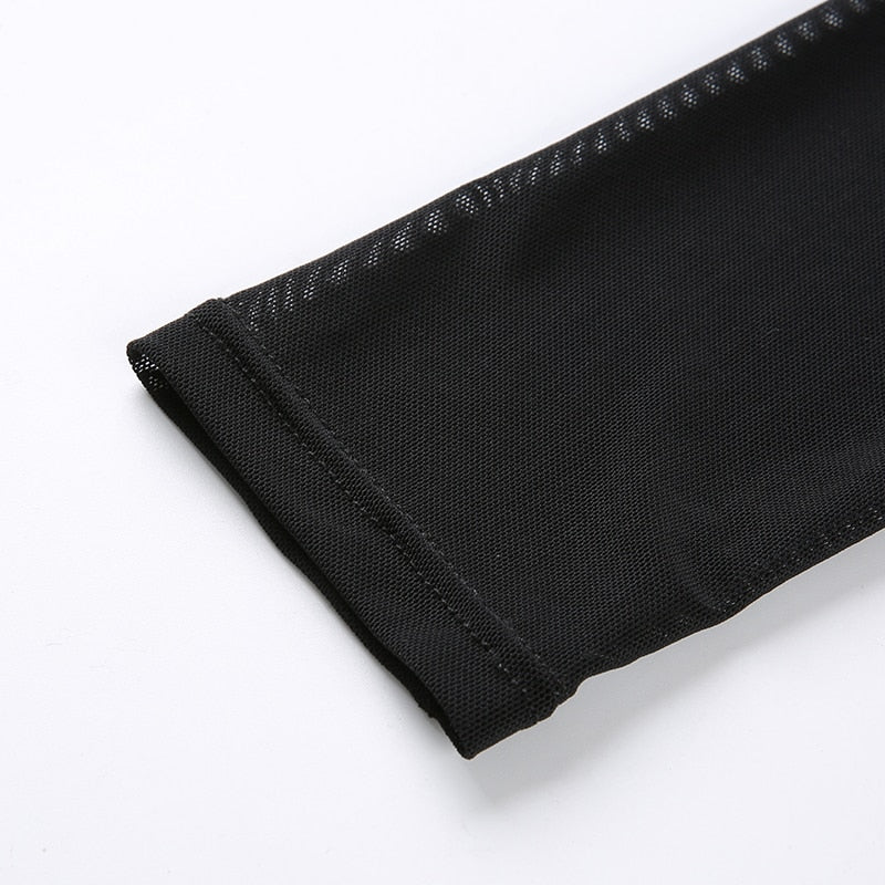 Black Vintage Crop Top Square Collar Sequined Mesh Patchwork Long Sleeve