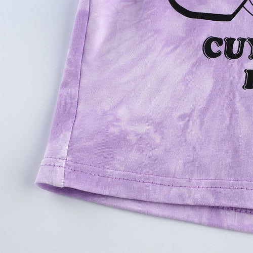 Load image into Gallery viewer, Cartoon Pattern Cute Purple Tie Dye Casual Short Sleeve Crop Top Tees
