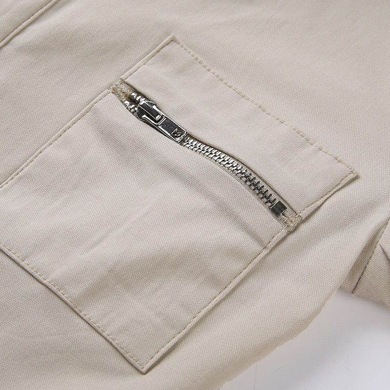 Khaki England Style Vintage Zipper Pocket Single-Breasted Turn-Down Collar Tees