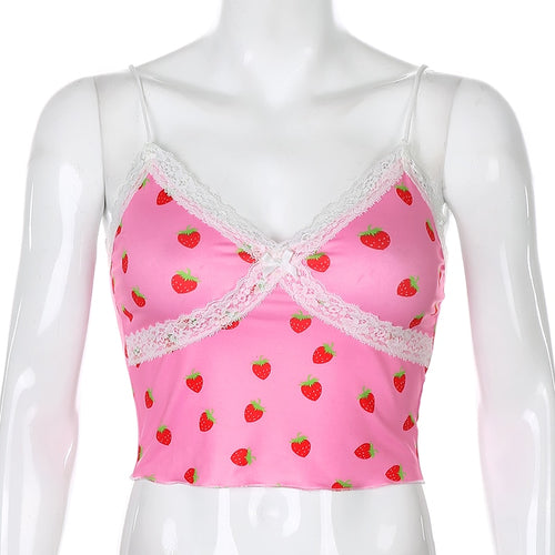 Load image into Gallery viewer, Pink Sweet Style Cute Crop Top Lace Edge Streetwear Strawberry Pattern Sleeveless

