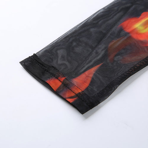 Load image into Gallery viewer, Sexy Rave Mesh Transparent Flaming Fire Printed O-Neck Slim Long Sleeve
