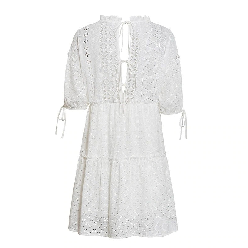 Embroidery Lace Up Bow White Dress Summer Beach Vintage Ruffle Short Puff Dress