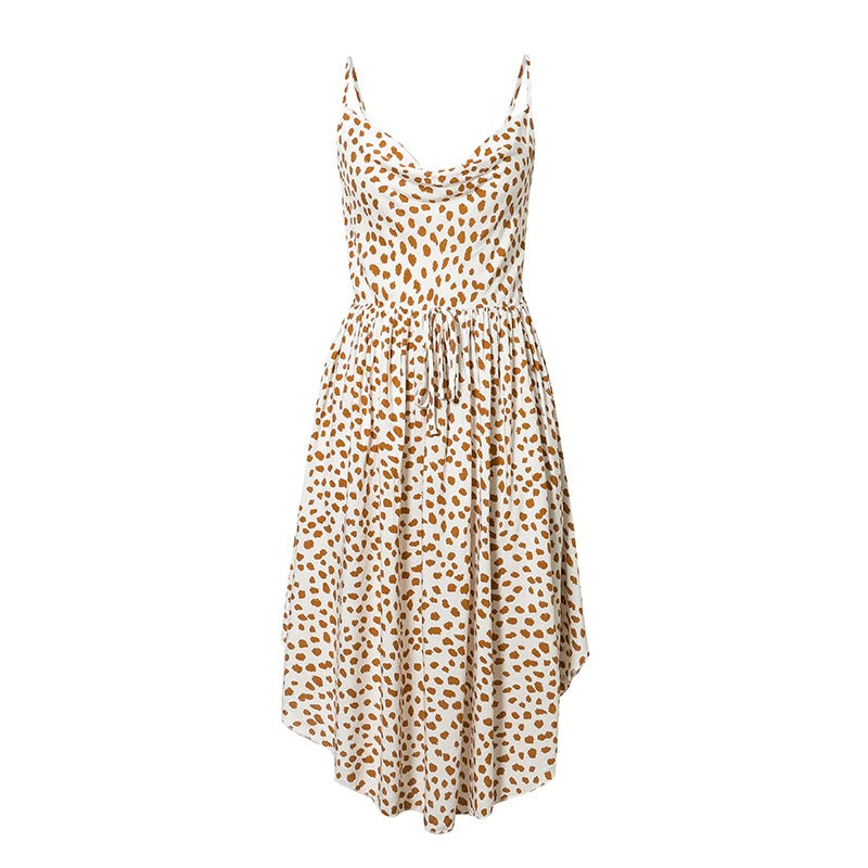 Midi Casual Summer Beach Spaghetti Strap Leopard Ruffles Boho Dress