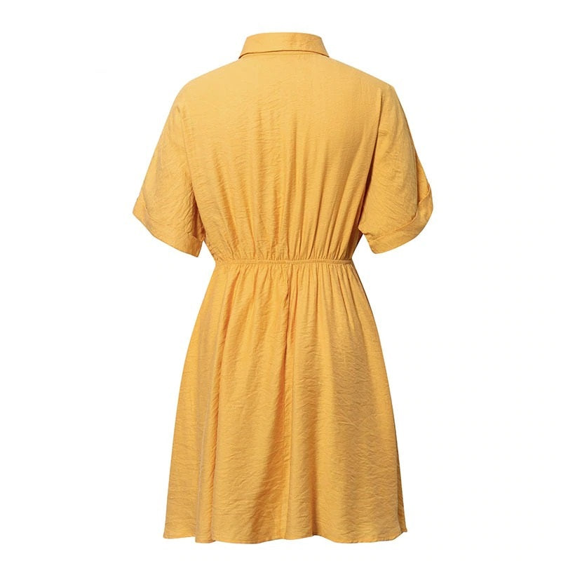 Elegant Office Solid Buttons Loose Sleeve Shirt Sundress Midi Dress