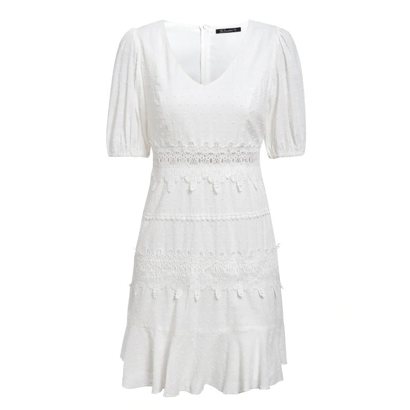 Hollow Out White Puff Sleeve Ruffled V-neck Bodycon Casual Buttons Beach Work Retro Summer Dress