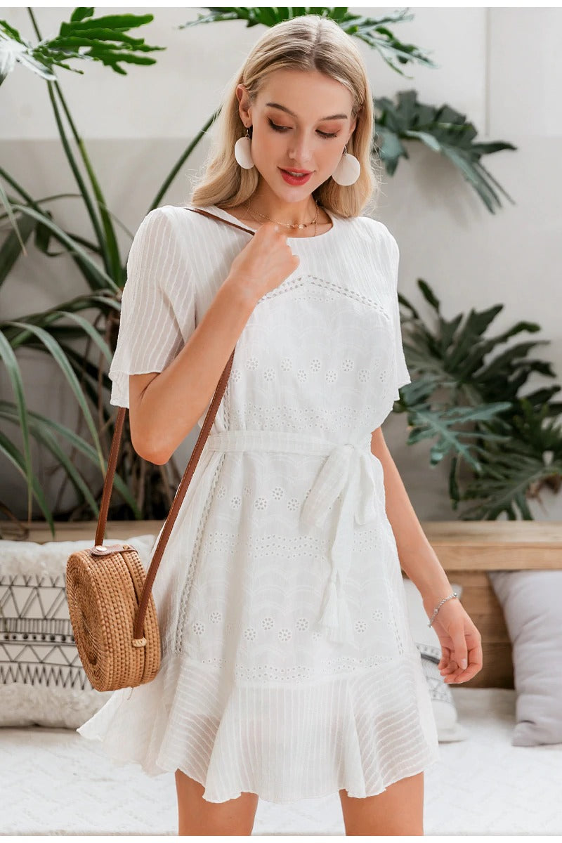 Casual White Summer Ruffle Elegant Cotton Embroidery Mini Dress