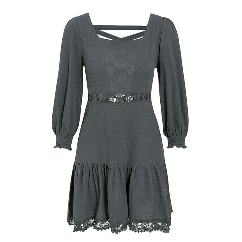 A-line Hollow Out Elegant Ruffled Lantern Sleeve Autumn Casual Short Party Dress