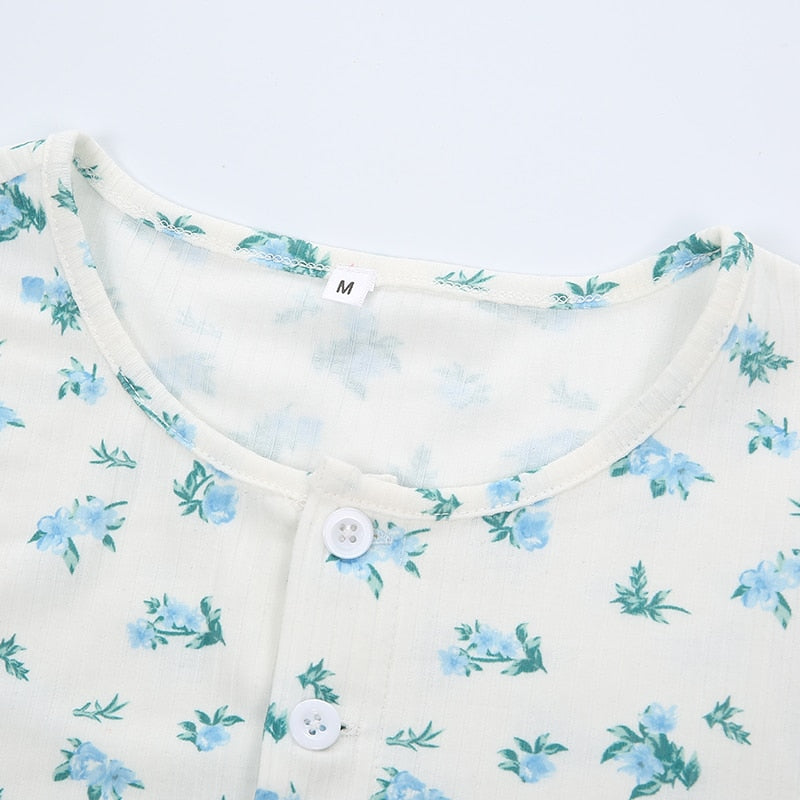 Autumn Small Flower Print Knitted Cropped Shirt Long Sleeve