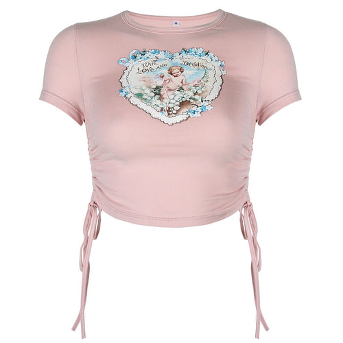 Load image into Gallery viewer, Kpop Short Sleeve Angel Print Casual Drawstring Pink Cropped Tees
