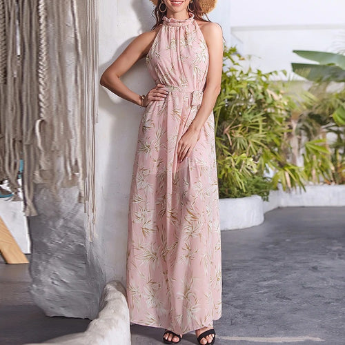 Load image into Gallery viewer, A-line Lotus Leaf Boho Elegant Sleeveless  Printing Stand Collar Long Dress
