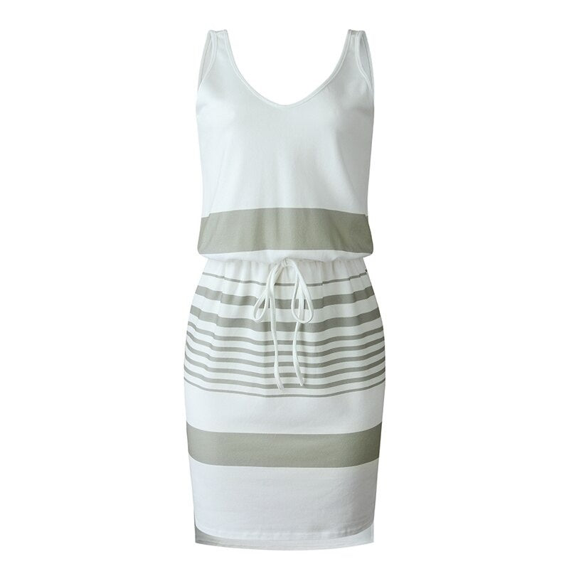 Fashion Stripes V-neck Irregular Vest Style Halter Tie Bodycon Office Short Dress