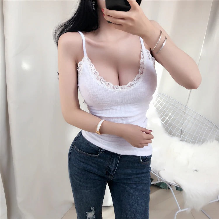 Lace sexy slim tank Solid Color crop top sleeveless