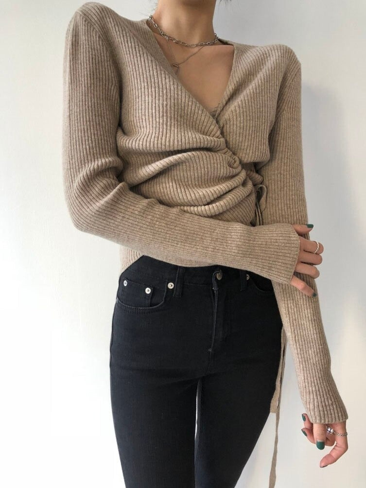 Lace-up knitted oversize Crop Top Loose Long Sleeve