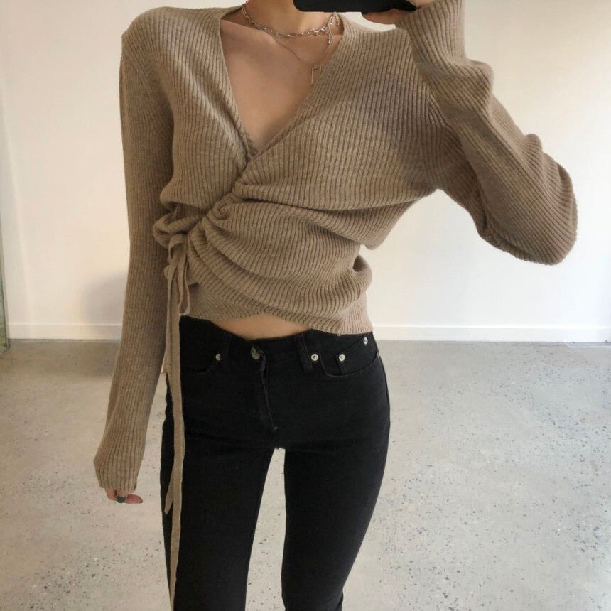 Lace-up knitted oversize Crop Top Loose Long Sleeve