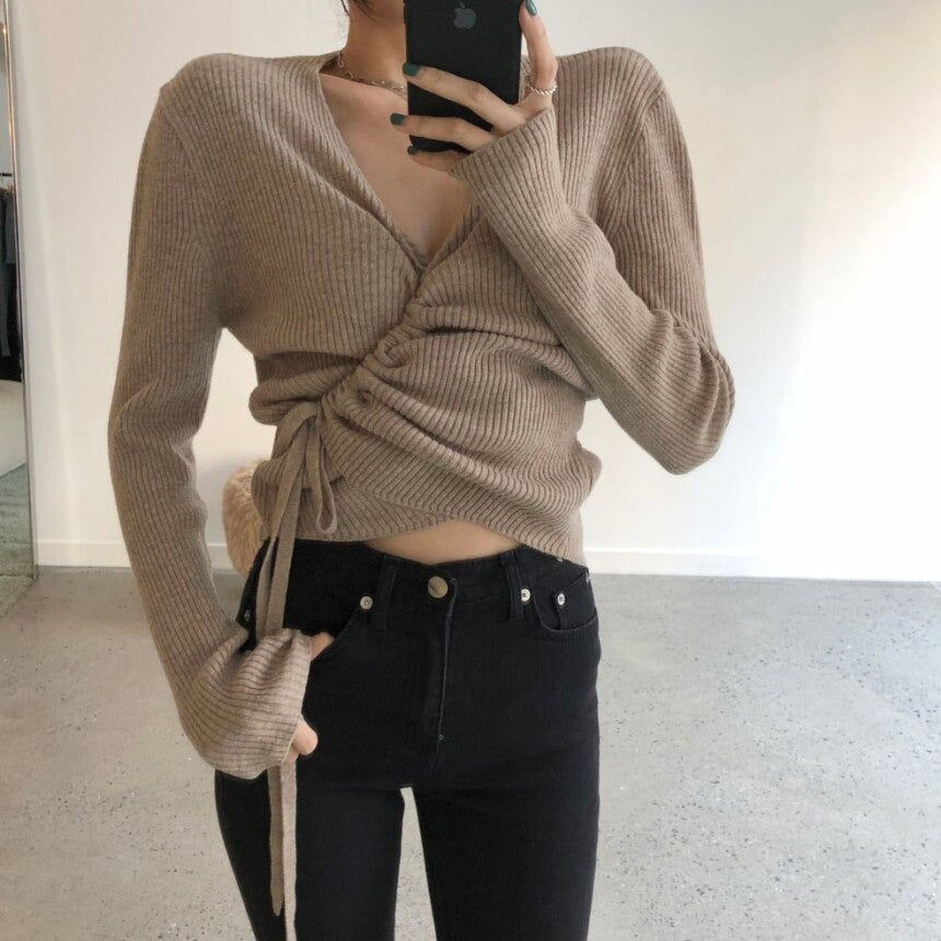 Lace-up knitted oversize Crop Top Loose Long Sleeve