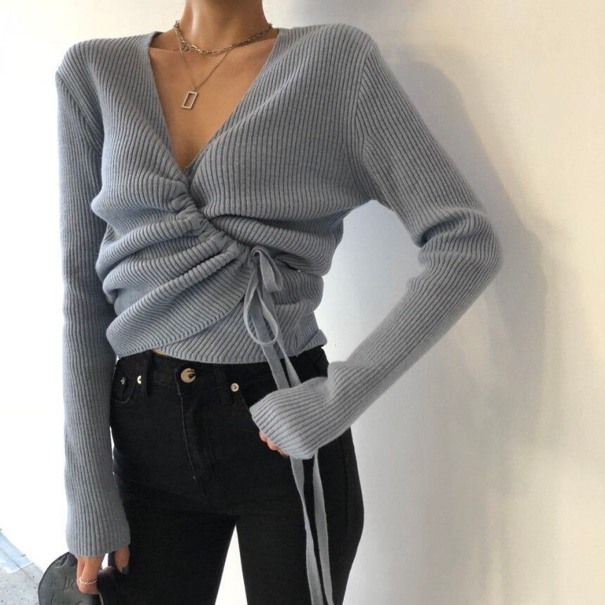 Lace-up knitted oversize Crop Top Loose Long Sleeve