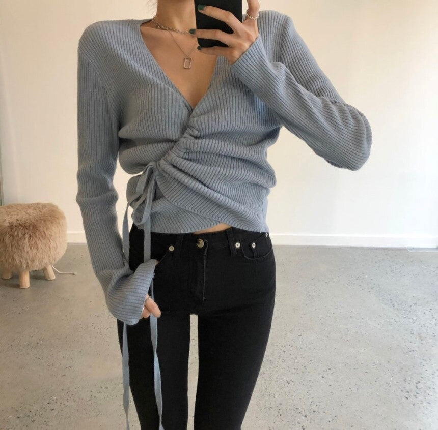 Lace-up knitted oversize Crop Top Loose Long Sleeve