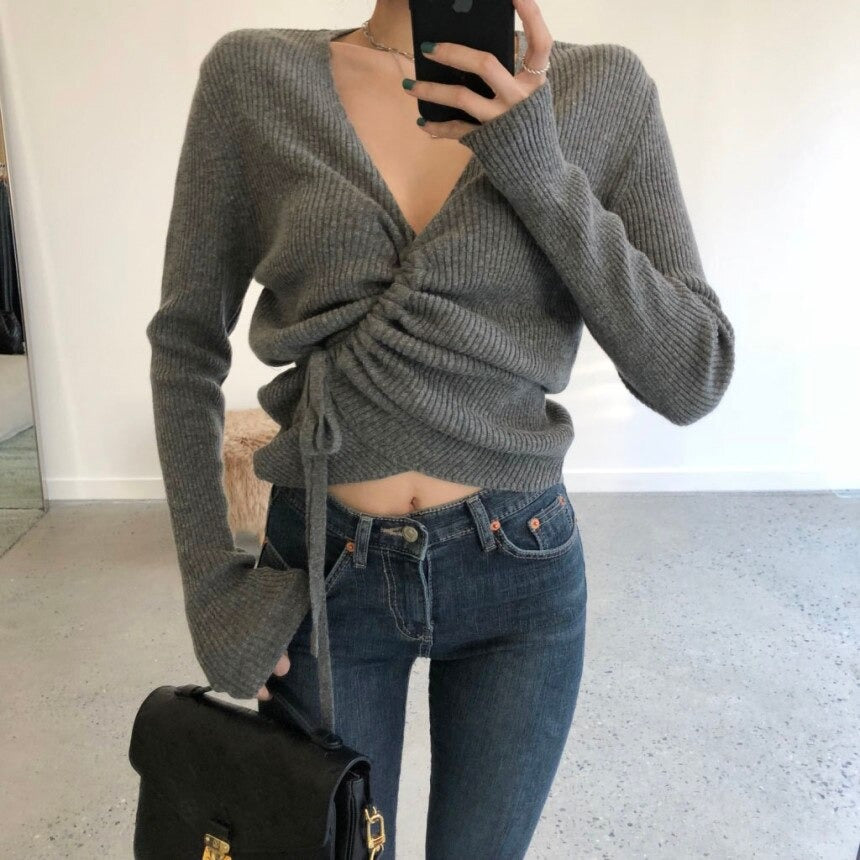 Lace-up knitted oversize Crop Top Loose Long Sleeve