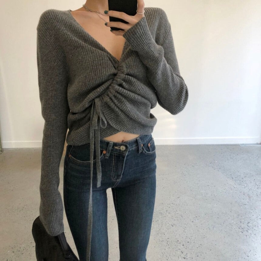 Lace-up knitted oversize Crop Top Loose Long Sleeve