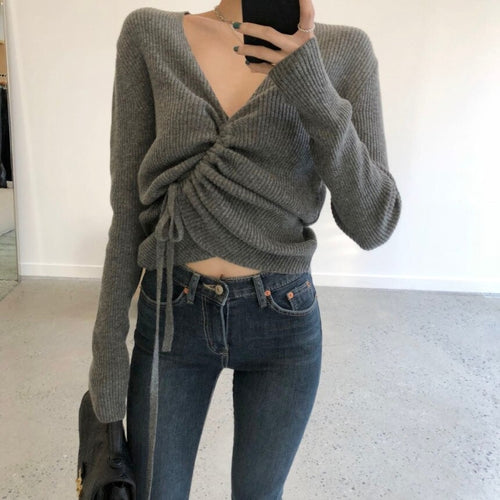 Load image into Gallery viewer, Lace-up knitted oversize Crop Top Loose Long Sleeve
