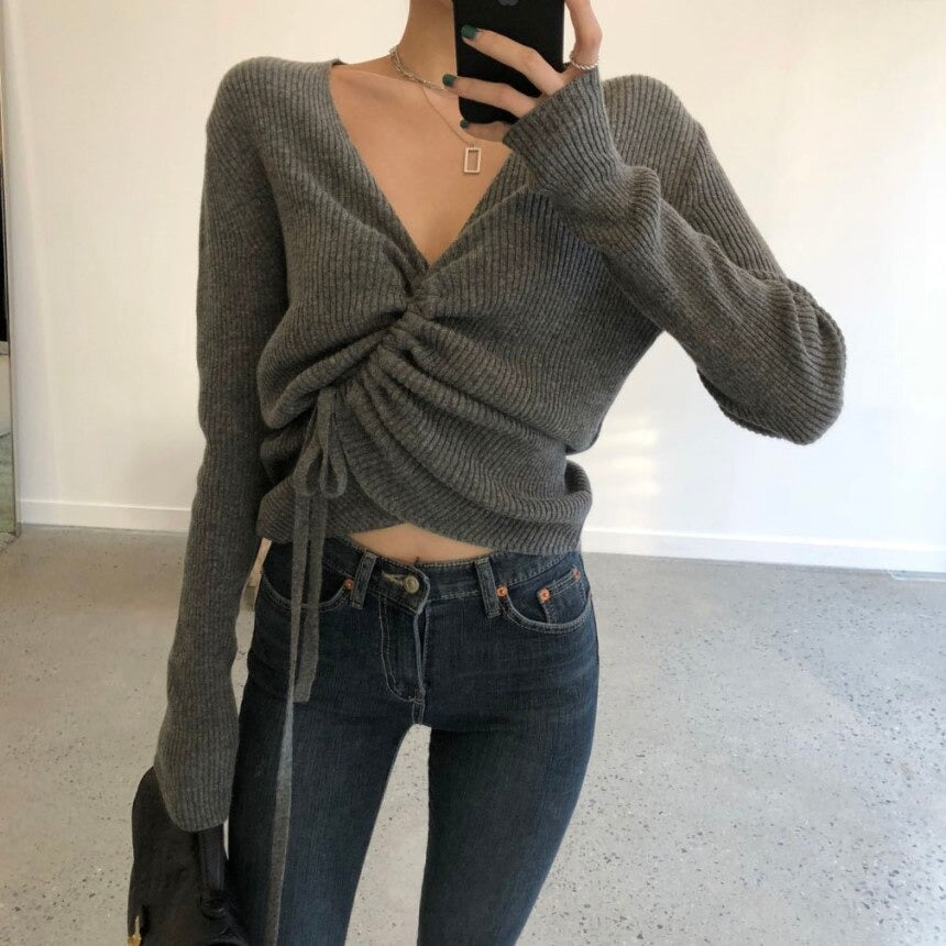 Lace-up knitted oversize Crop Top Loose Long Sleeve