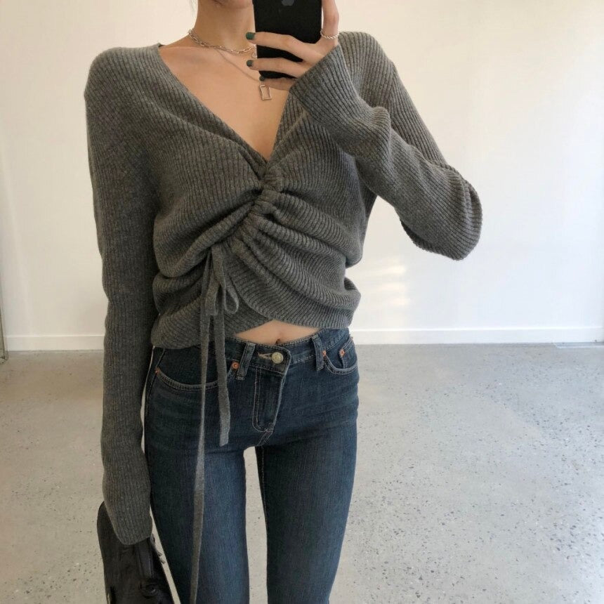 Lace-up knitted oversize Crop Top Loose Long Sleeve