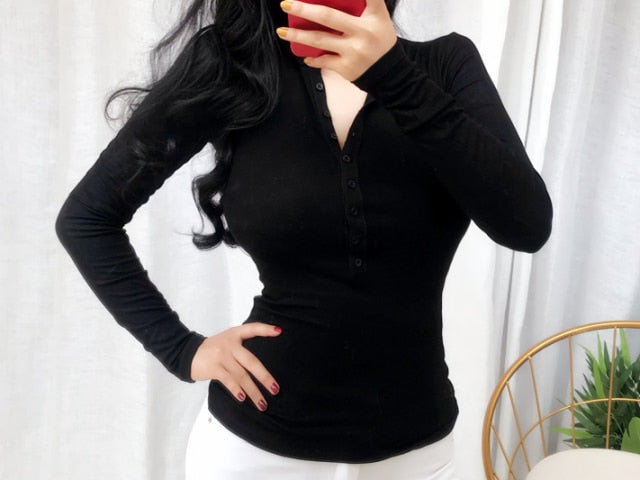Spring Solid Color Buttoned V-neck Sexy Slim Fit Casual Long Sleeve