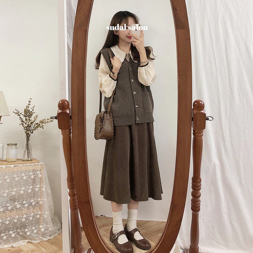 Load image into Gallery viewer, A Line solid Pleated Knee Length Suede Skirt + Vintage Plaid Long Sleeve
