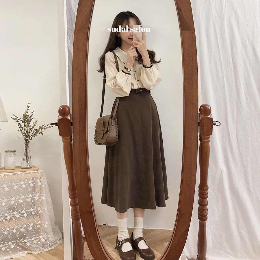 A Line solid Pleated Knee Length Suede Skirt + Vintage Plaid Long Sleeve