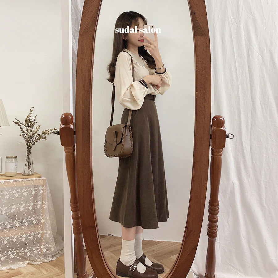 A Line solid Pleated Knee Length Suede Skirt + Vintage Plaid Long Sleeve